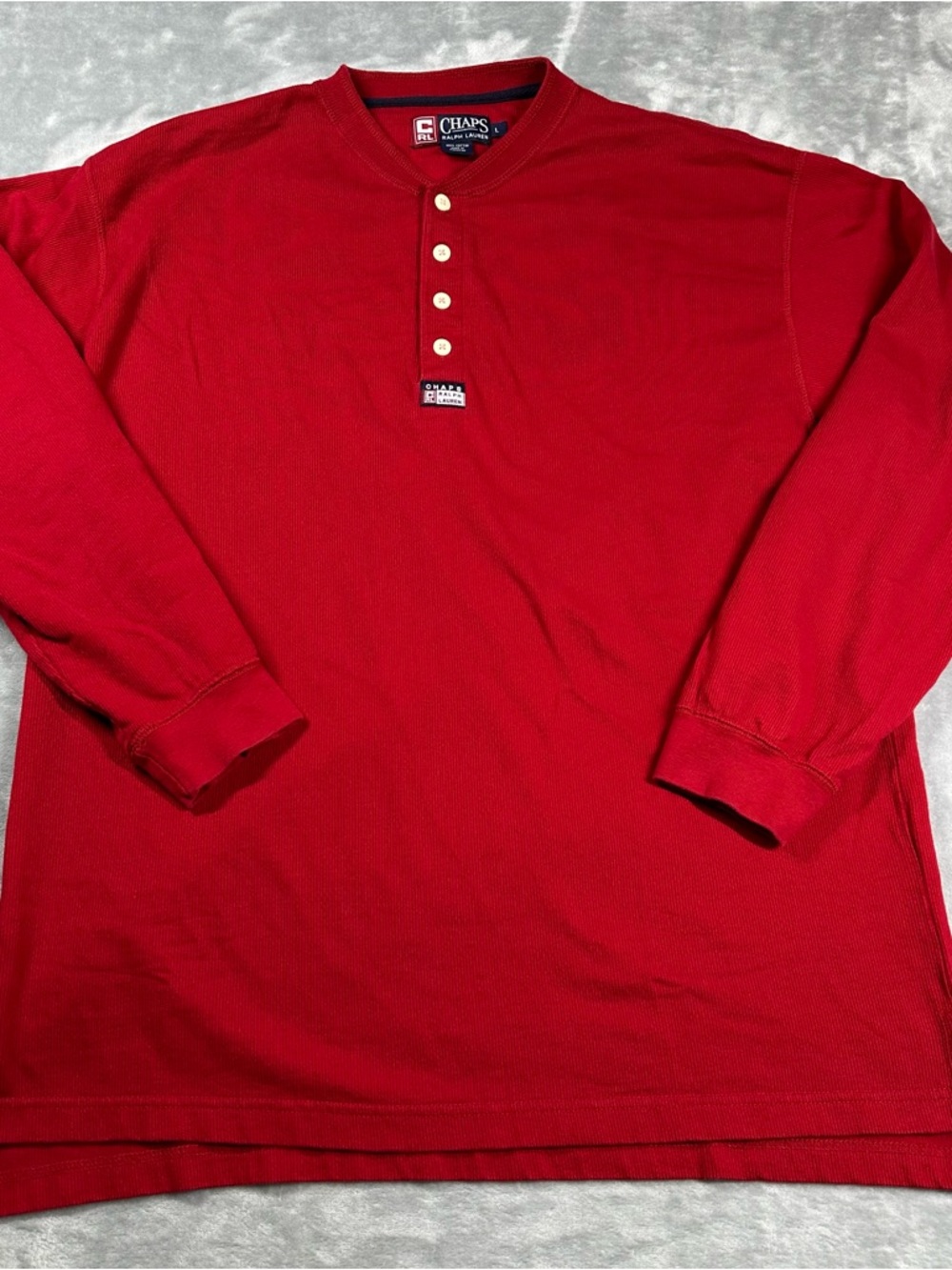 Vintage Chaps Ralph Lauren Red Henley Shirt Ribbed Knit Thermal Men's Size L